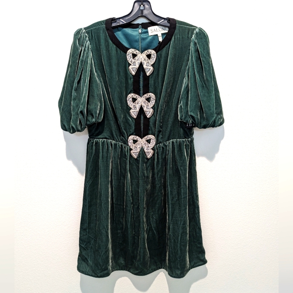 SALONI Camille bow-embellished crepe-trimmed velvet mini dress